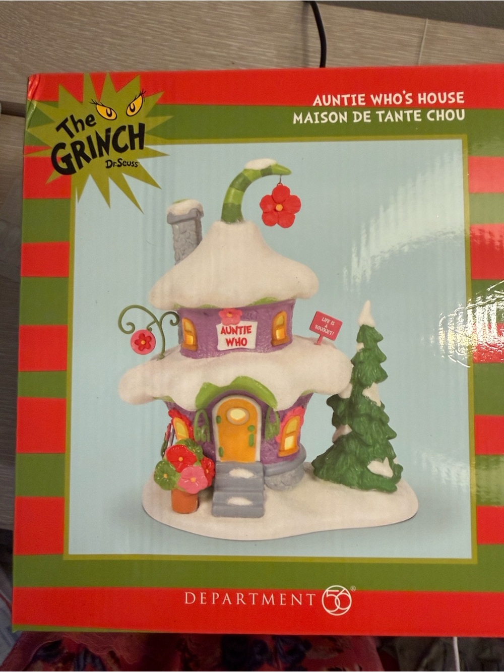 Department 56 Purple Cottage with Green Trim and Yellow Door